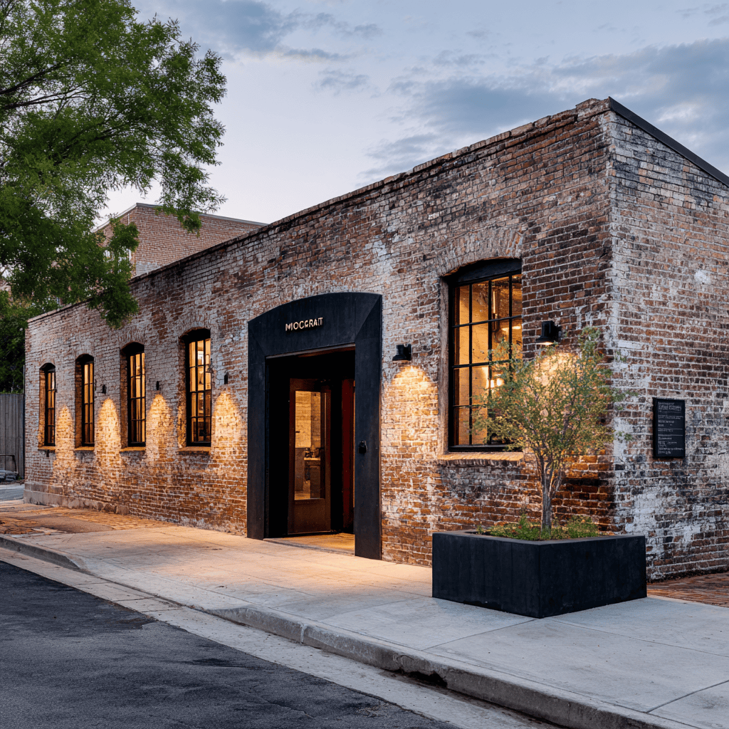 Concept rendering — exterior of a renovated red-brick warehouse at dusk.